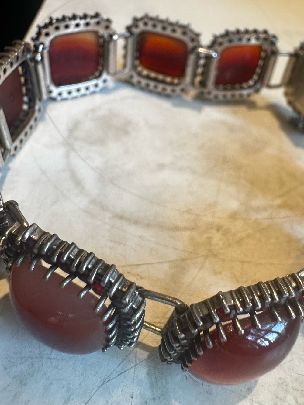 Women's Silver Bracelet with Red Carnelian Cabochons